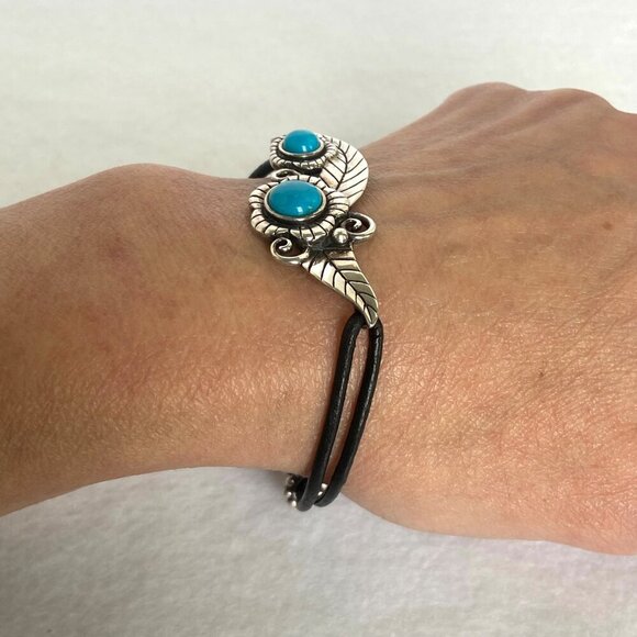 Sterling Silver 925 Dakota West Floral Leaf Turquoise Cabochon Cord Bracelet 8" - Picture 12 of 16